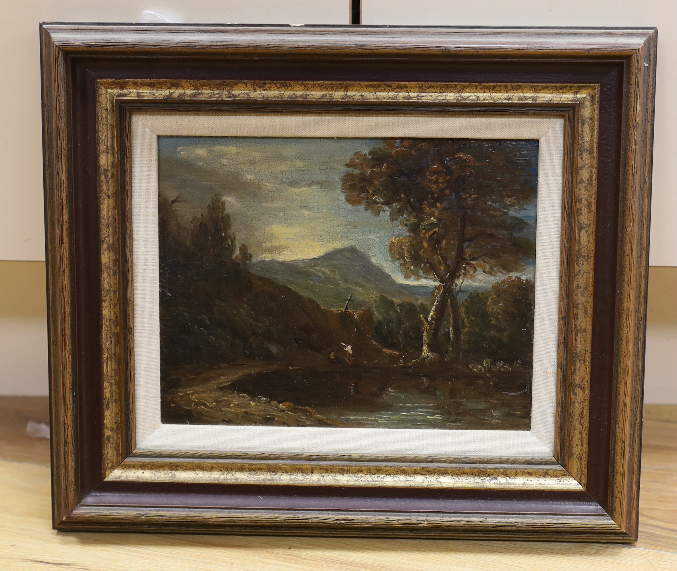 Continental School, oil on board, Two figures before a landscape, 22 x 17cm